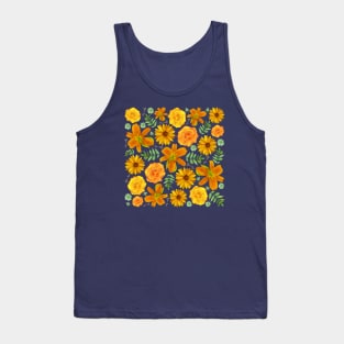 Tigerlilies, Roses, Sunflowers, Leaves, Succulents, and Flowers in Golden Orange and Yellow Tank Top